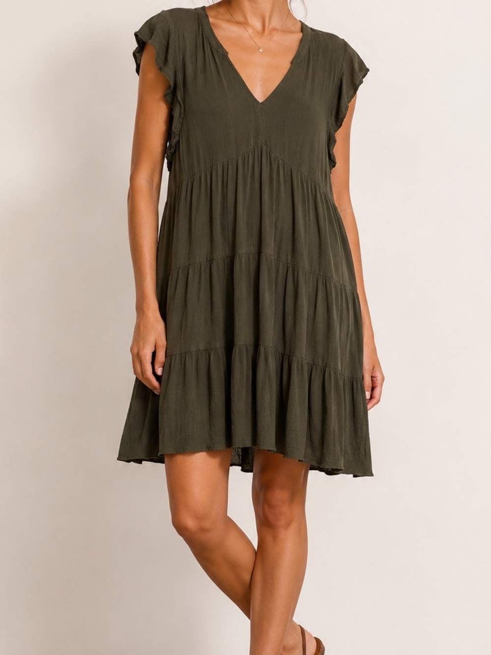 V-Neck Olive Tiered Mini Dress
